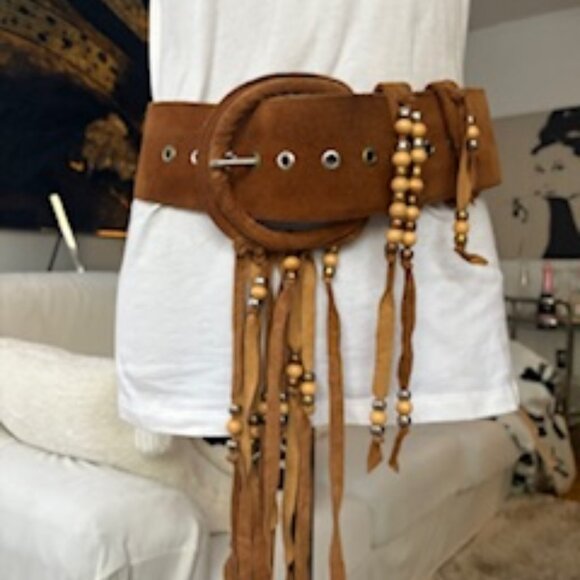 Vintage Tan suede Fringe wide belt - Picture 1 of 5